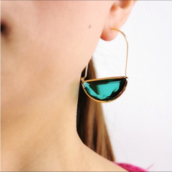 Green Glass Crescent Hoop Earrings - Picture 3 of 4
